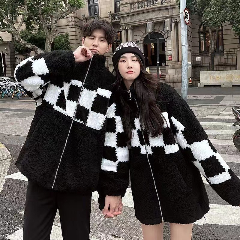 Couple wear winter checkerboard lamb wool coat for women 2023 new trendy cotton clothing autumn and winter thickened ins trendy brand