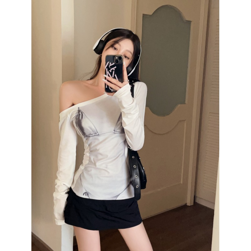Modal fabric Tmall quality off-shoulder printed long-sleeved T-shirt women's autumn inner slimming top