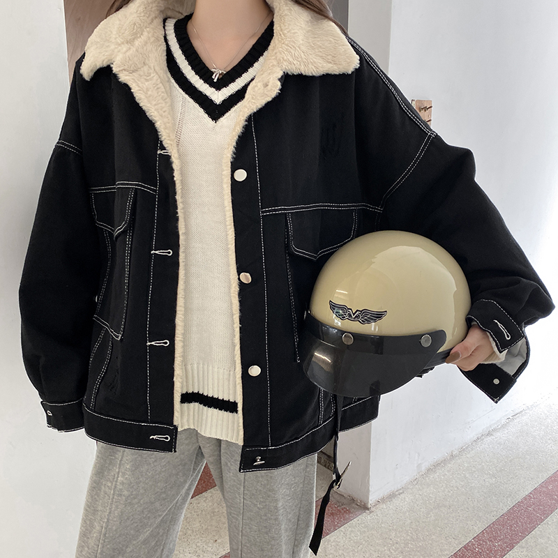 實拍~翻領加絨加厚牛仔外套2023秋冬寬鬆韓版休閒工裝棉服女