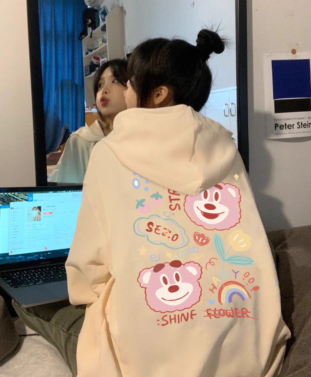 CVC cotton pasta wool Chinese cotton composite/milk silk 300g silver fox velvet 400g front and back printed hooded sweatshirt for women