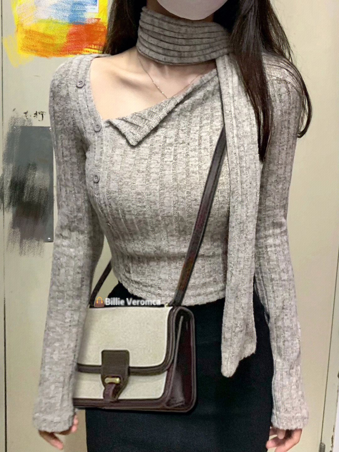 官圖 毛衣針織衫女辣妹設計感小眾掛脖圍巾春秋短款上衣打底衫