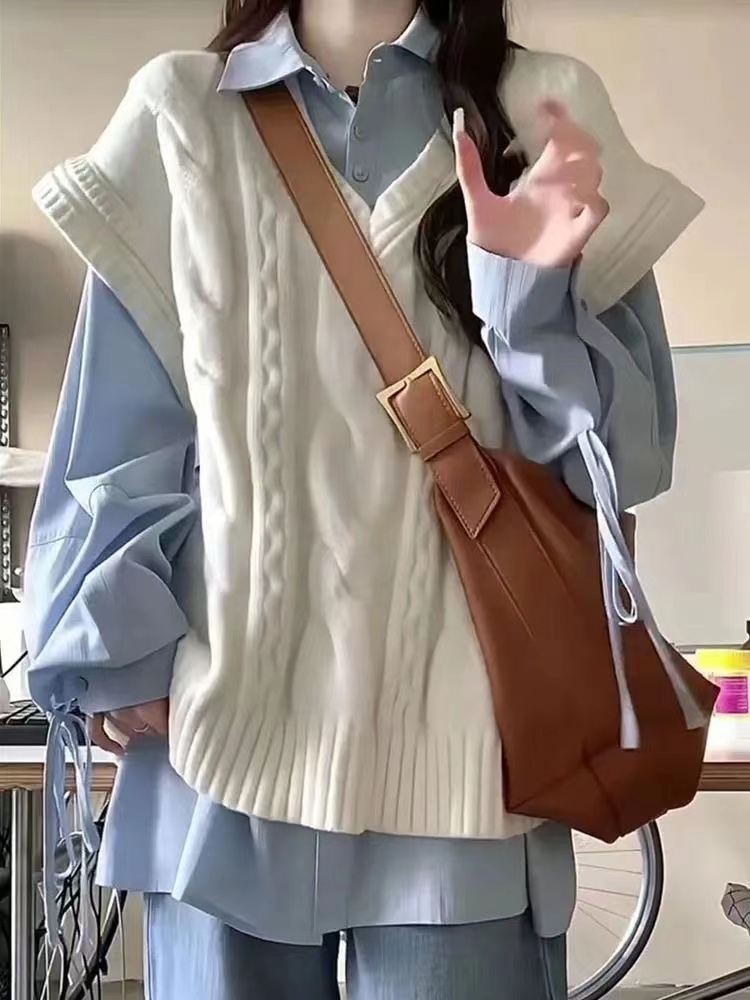 套裝/單件ins韓系甜美帥氣針織馬甲背心女學生外穿毛衣+綁帶襯衫