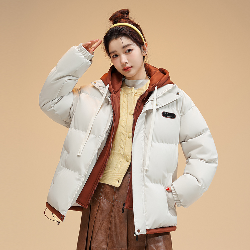 Real shot of fake two-piece down-padded jacket for women winter 2023 short Korean student patchwork cotton-padded jacket oversize