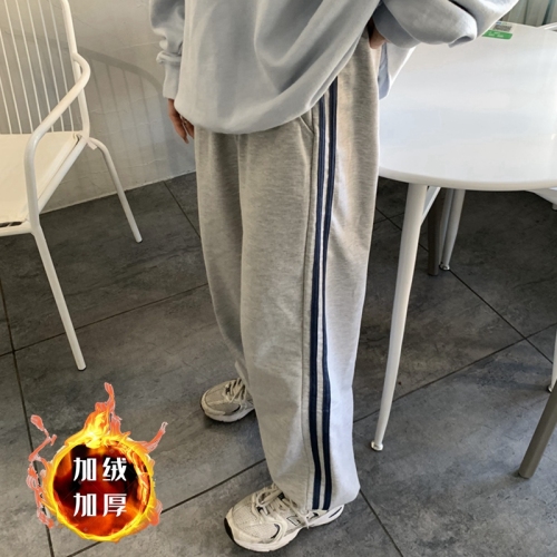 Sports casual pants for women in autumn and winter, thickened velvet, loose straight striped sweatpants, casual wide-leg leggings, long pants