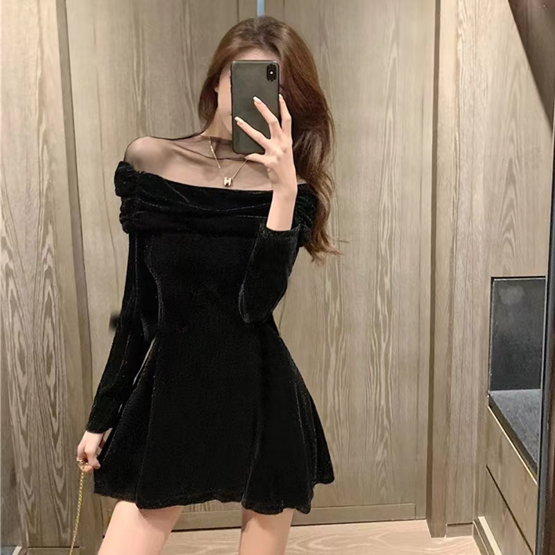One-shoulder mesh stitching red long-sleeved dress for women in autumn and winter sexy waist A-line dress short skirt