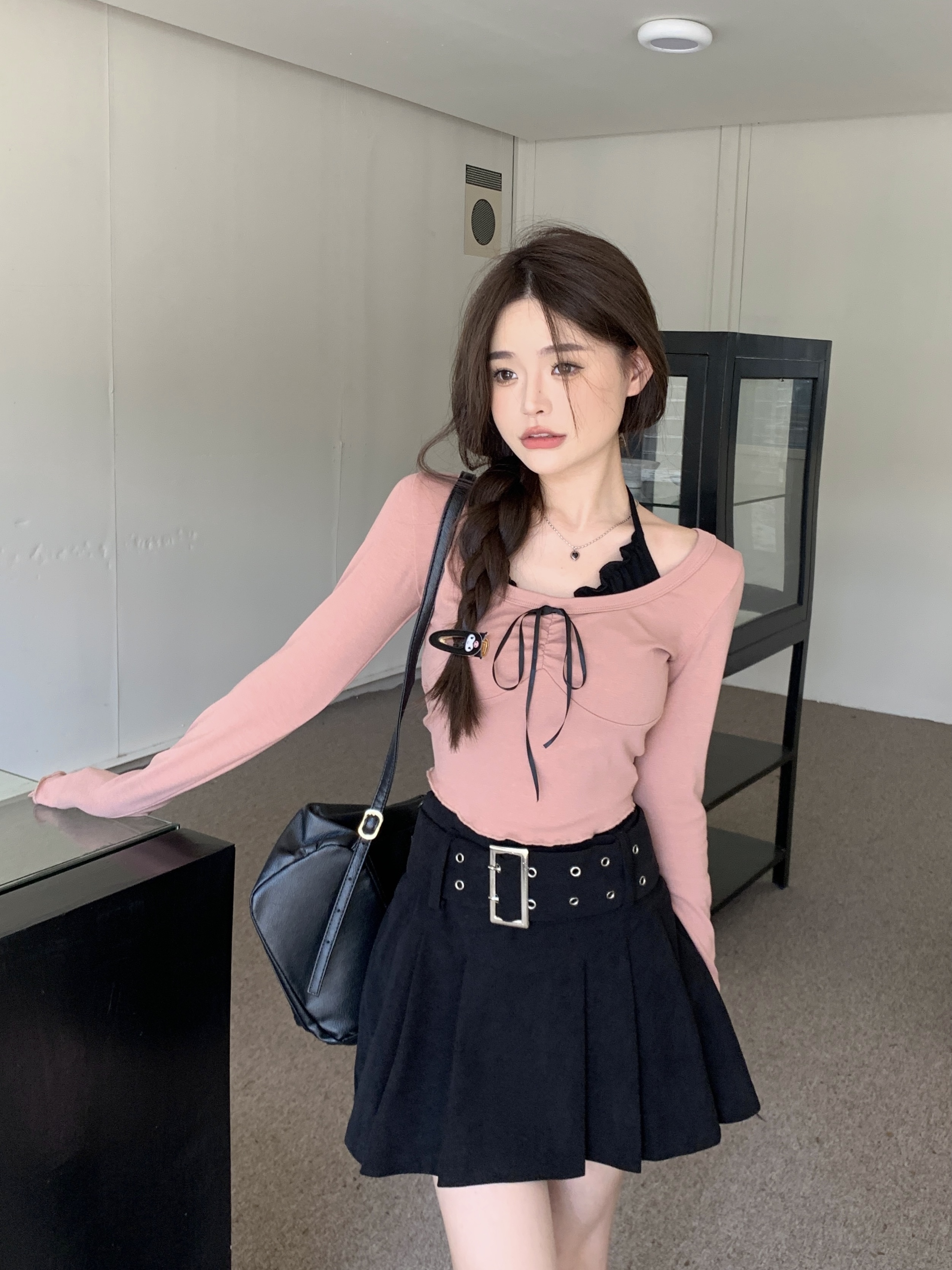 實拍實價 純欲辣妹設計感假兩件掛脖收腰顯瘦T恤+燈芯絨半身裙