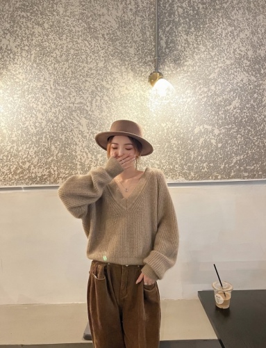 韩国慵懒风V领长袖针织毛衣女秋季韩版新款外穿宽松学生套头