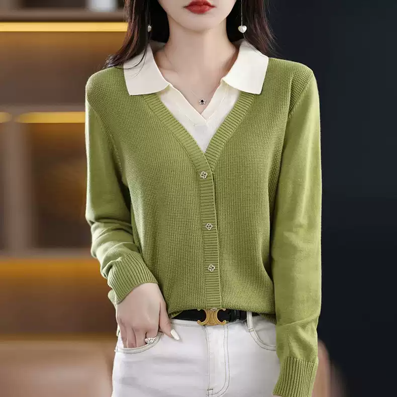 2023秋裝新款上衣女時尚假兩件襯衫毛衣女寬鬆顯瘦翻領針織打底衫