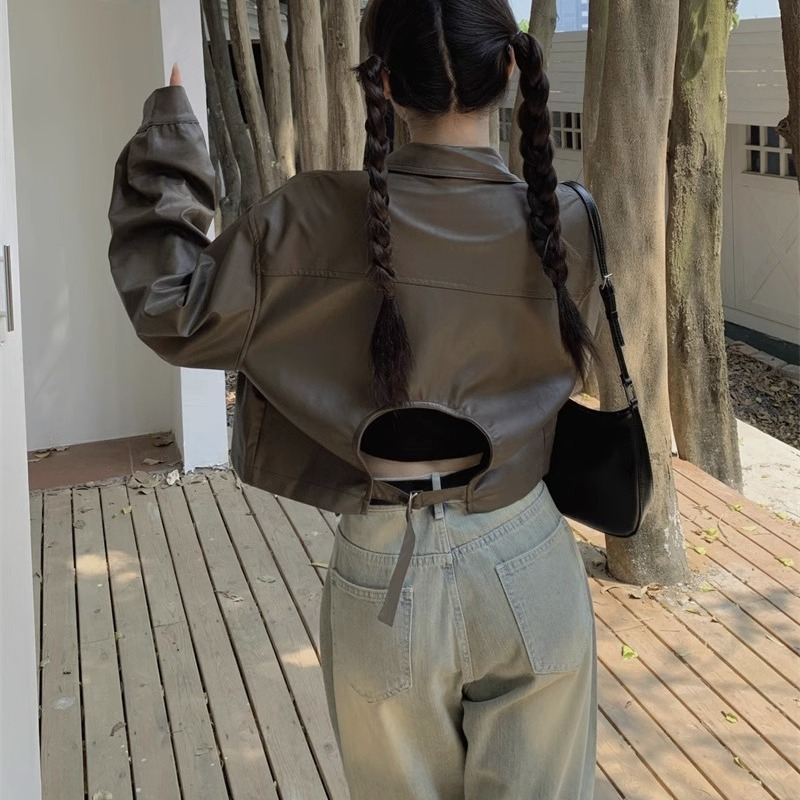 Short leather jacket women's autumn Korean version 2023 new backless design loose long-sleeved jacket motorcycle wear trend