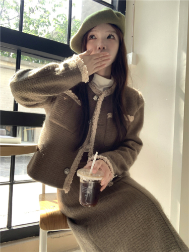 Actual shot ~ Qianjin series woven woolen contrasting color small fragrance suit for women autumn and winter new two-piece set