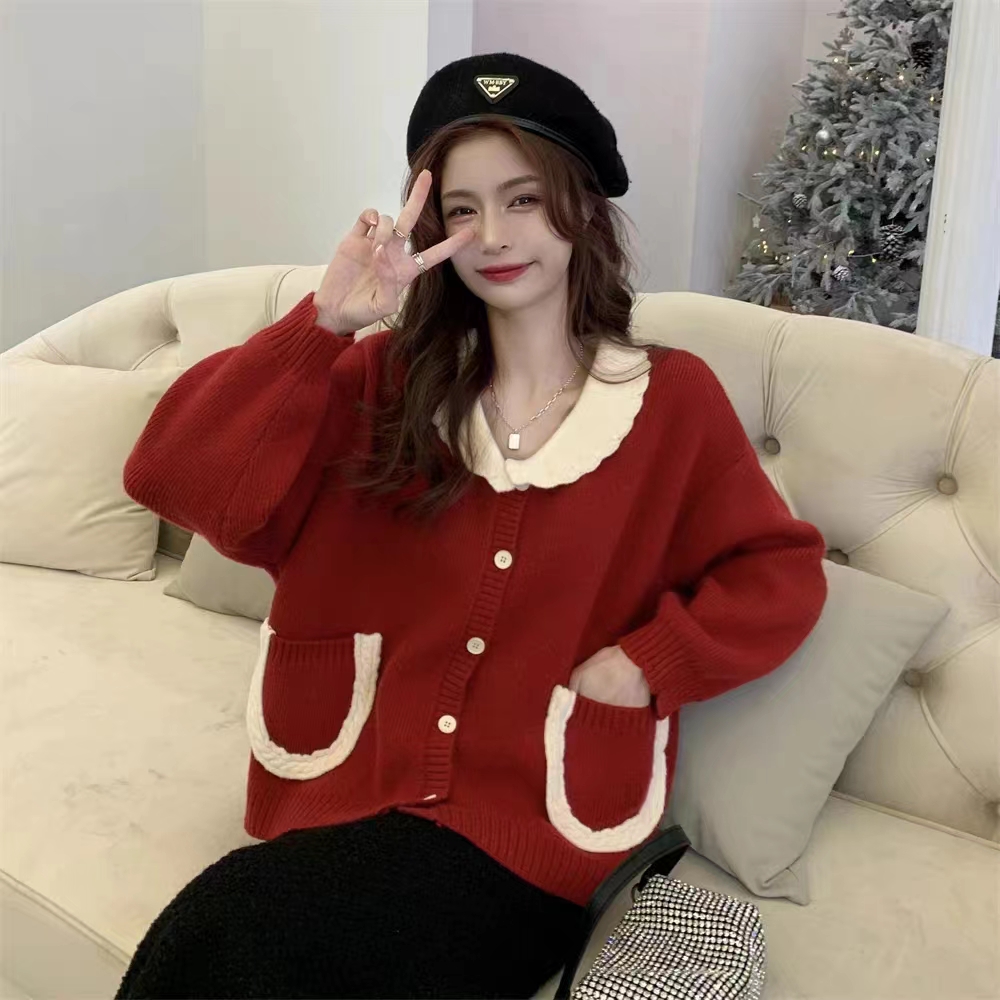 High quality 2023 autumn and winter new style deer plush milk red sweater for women gentle knitted cardigan jacket