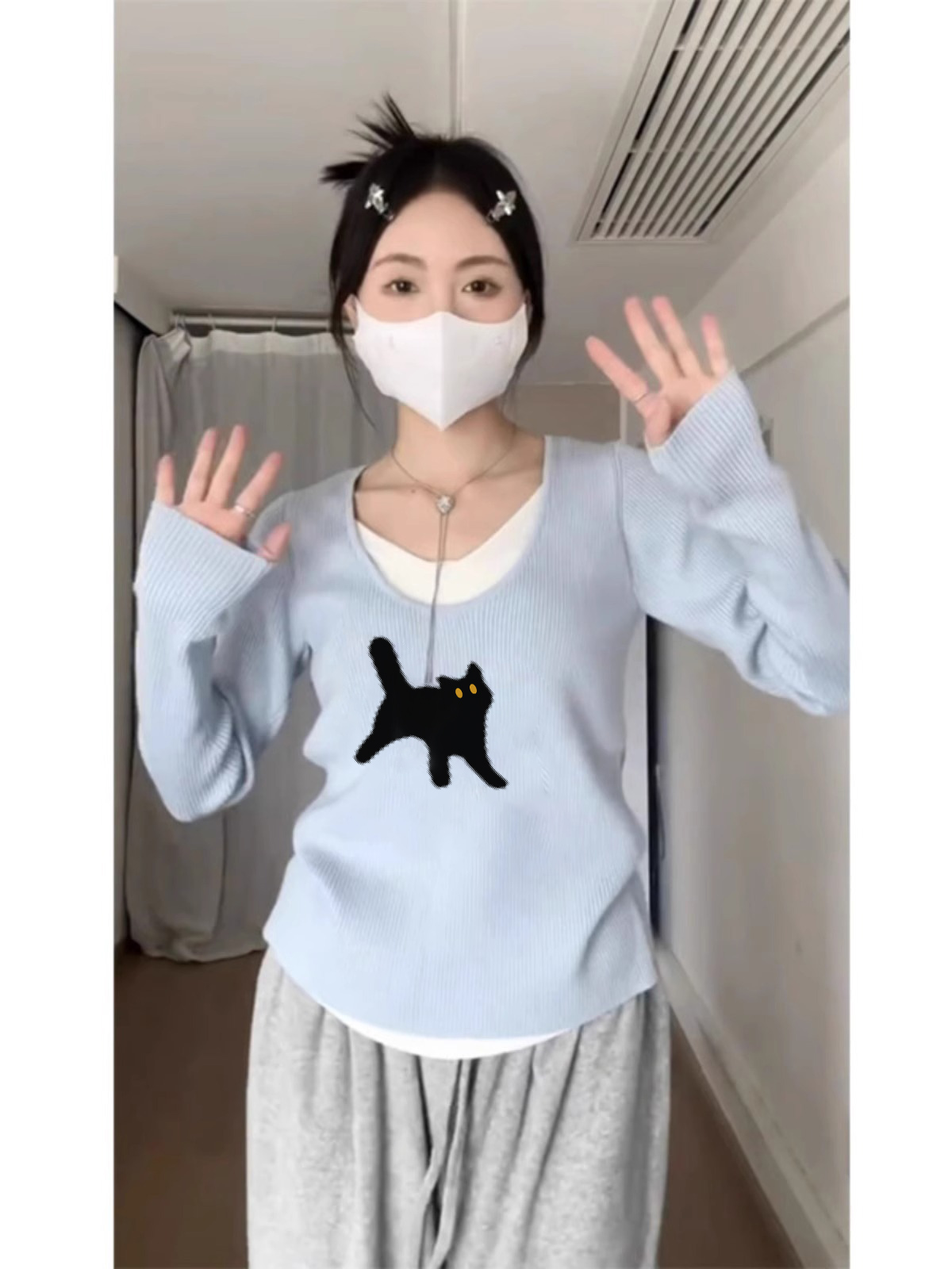早秋季2023年新款假兩件穿搭內搭打底衫長袖上衣女秋冬藍色針織衫