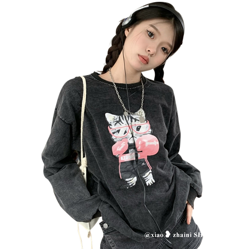 6535魚鱗 貓咪印花長袖t恤女早秋設計感小眾寬鬆顯瘦