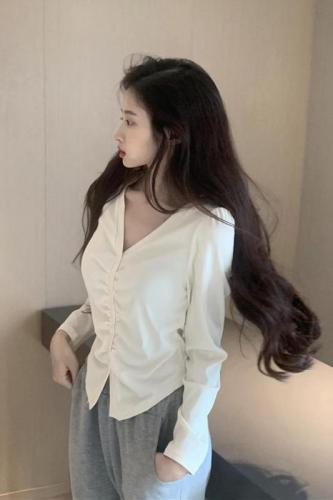 Actual shot ~  autumn design pleated long-sleeved T-shirt slim V-neck pure sexy hot girl bottoming top