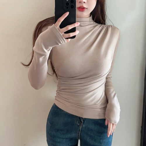 Real shot of designer high-neck pleated bottoming shirt, sexy pure lust style long-sleeved T-shirt top for women