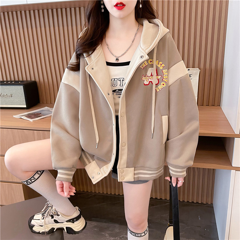 實拍 加絨寬鬆連帽棒球服外套女秋冬小眾撞色拼接卡通刺繡開衫