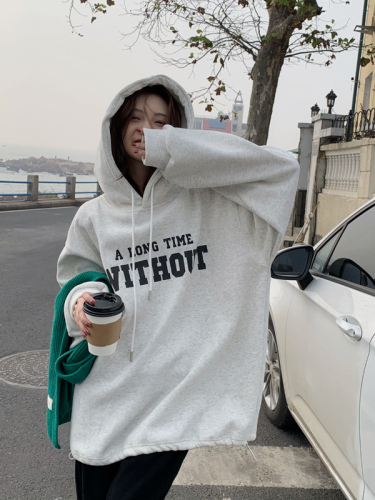 Real shot Korean style loose velvet thickened oversize hooded sweatshirt for women