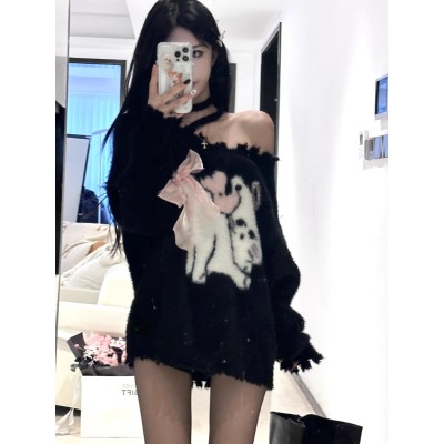 JMSHOP 天使奶貓出擊 仿貂絨毛衣寬鬆慵懶套頭蝴蝶結破洞針織衫女