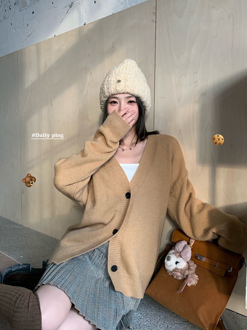 實拍 三標齊 韓版美拉德慵懶風寬鬆毛衣外套女高腰格子百褶裙套裝