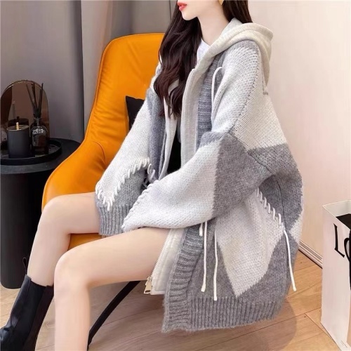 Autumn and winter hooded zipper splicing wool rhombus sweater jacket women's casual design knitted cardigan top