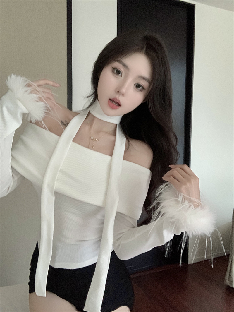 Actual shot ~ Winter new pure lust hottie style one-shoulder furry long-sleeved T-shirt women's slim short top