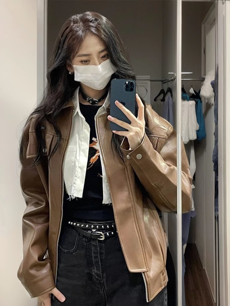 Ganeri's new Korean style loose brown retro Hong Kong style street leather jacket women's workwear motorcycle pu jacket