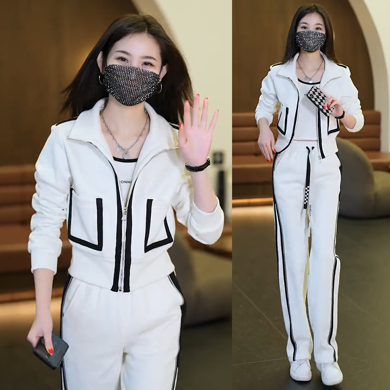 休閒運動服套裝女2023秋冬新款時尚洋氣減齡拼色開衫闊腿褲兩件套