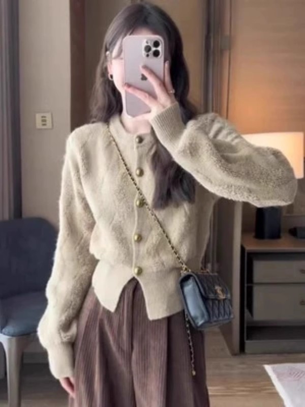 歐貨小香風氣質單排扣圓領開衫毛衣女秋冬軟糯洋氣減齡針織上衣潮