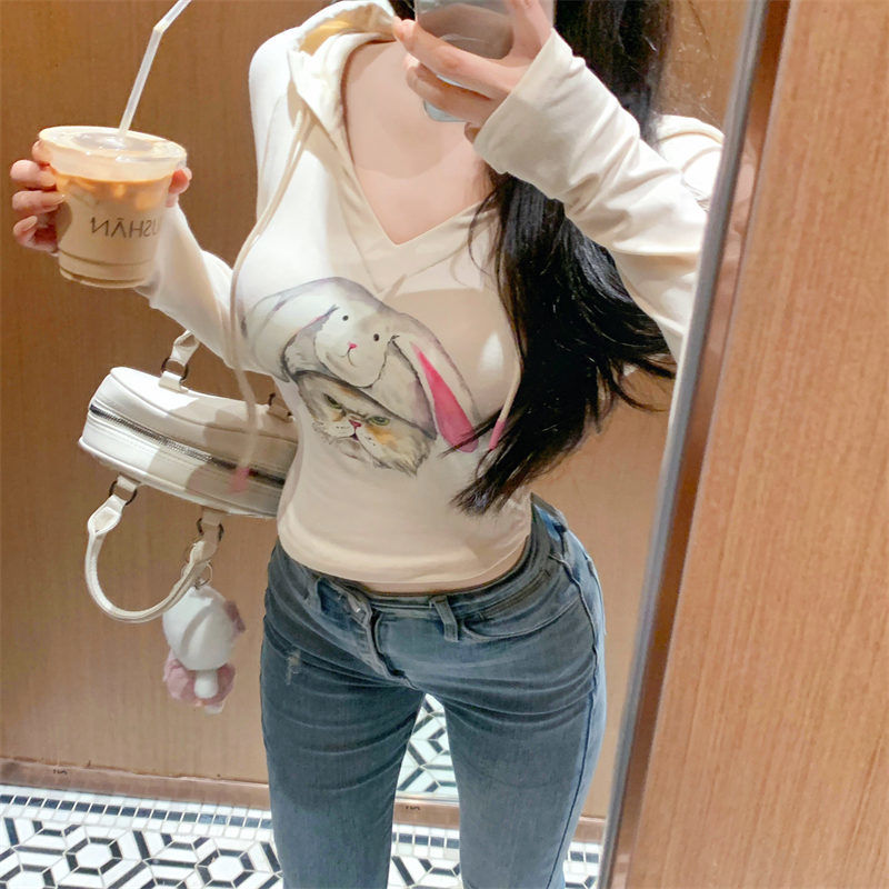American hot girl design pure lust style slim fit versatile hooded long-sleeved T-shirt