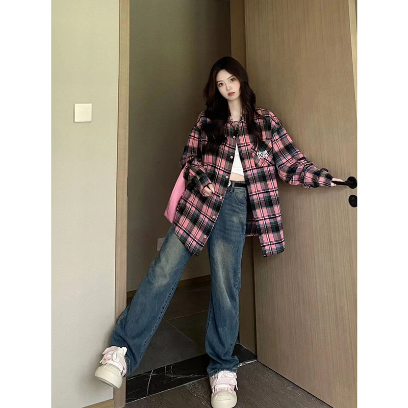 Pink plaid long-sleeved shirt for women spring and autumn new chic niche design loose lazy style versatile cardigan trend