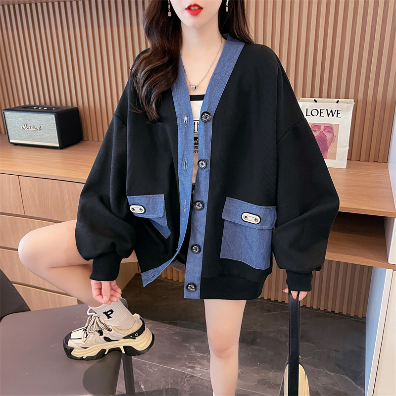 實拍 寬鬆連帽棒球服外套女春秋設計感小眾撞色拼接字母刺繡開衫