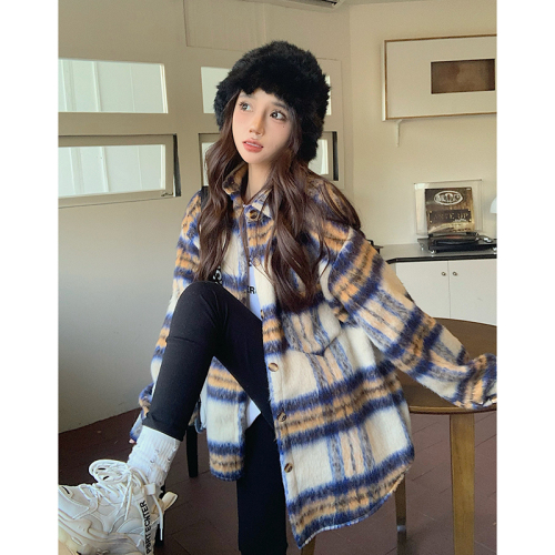 Real shot plaid woolen shirt coat women's autumn and winter loose mid-length thickened woolen coat