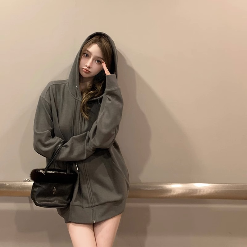 韓雨嘉早秋衛衣套裝炸街高級感女連帽oversize外套a字顯瘦半身裙