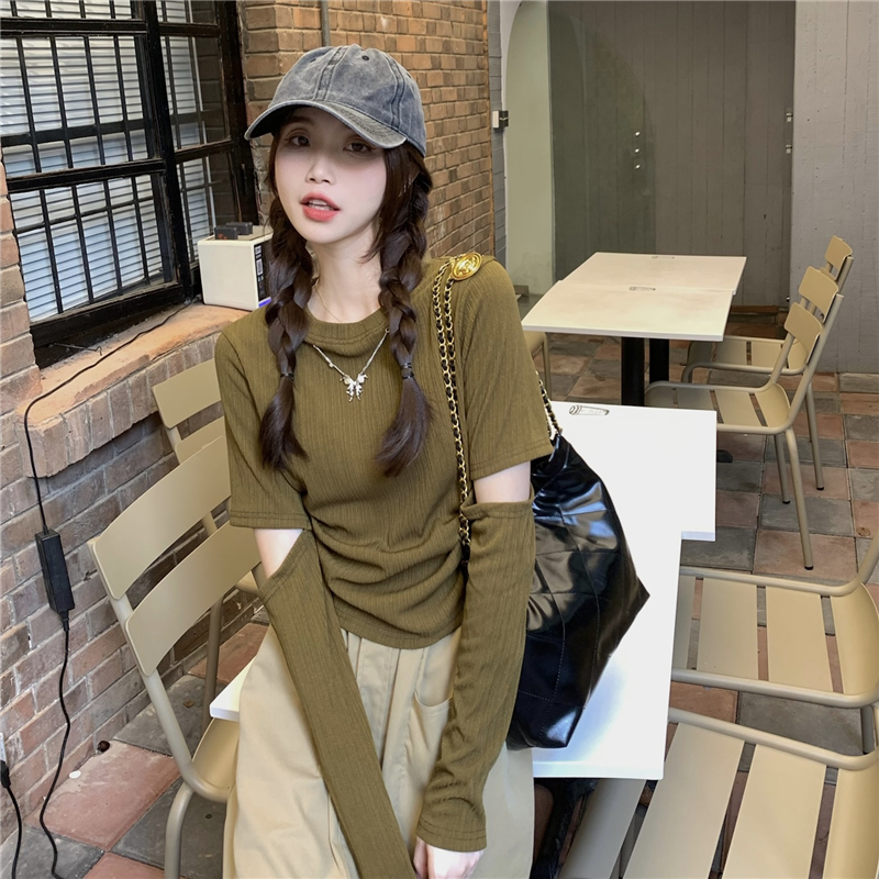 Real shot of sweet and spicy long-sleeved hollow top for women with bow chain and pleats on both sides to slim down, round neck and chic T-shirt