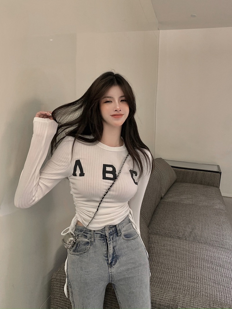 Actual shot of 2023 autumn Korean style slimming drawstring bottoming shirt T-shirt letter long-sleeved versatile top for women