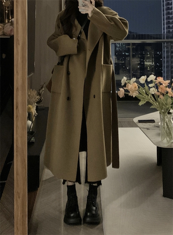 Big button 350g autumn and winter woolen coat women's Hepburn style woolen coat small Korean style