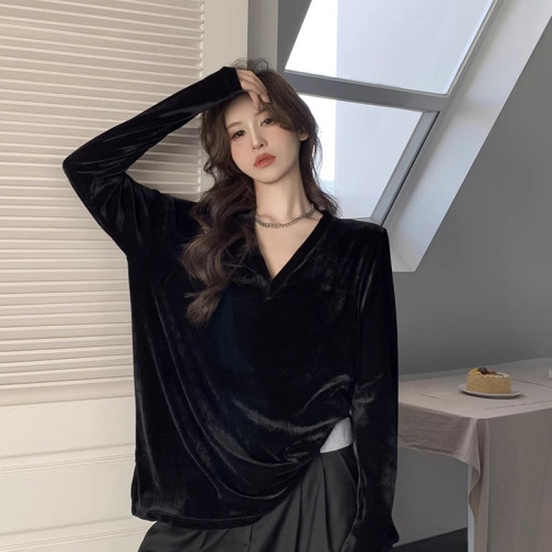 Gold velvet long-sleeved T-shirt for women in autumn and winter, high-end, loose, mid-length, bottoming shirt top