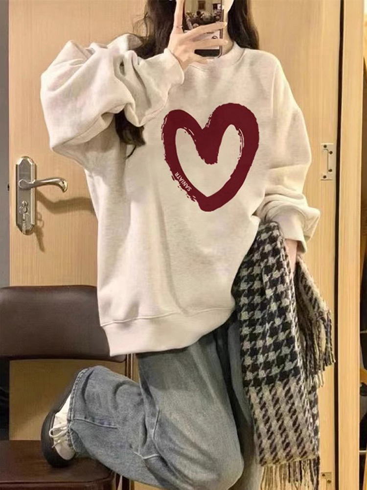美式復古灰色愛心衛衣女薄款春秋套頭原宿慵懶風無帽純棉長袖上衣