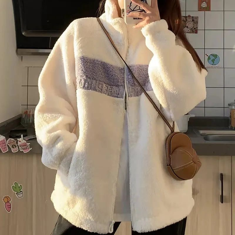 Colorblock imitation lamb wool sweatshirt for women, thickened velvet, autumn and winter lazy warm furry cotton jacket, loose ins trend