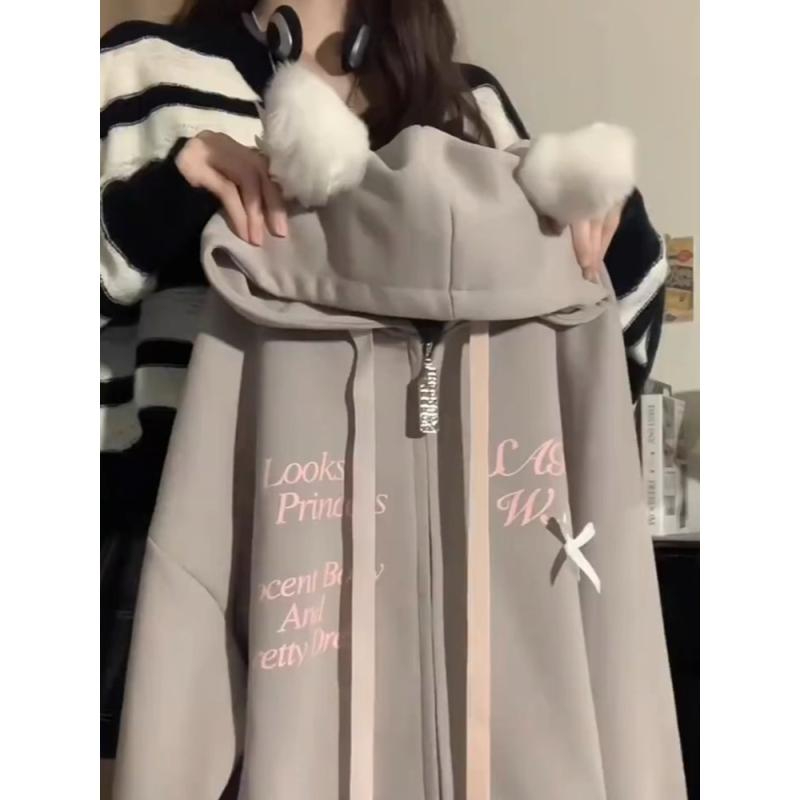 華棉複合超柔C V C羅口美式復古薄款寬鬆連帽衛衣外套貓咪耳朵