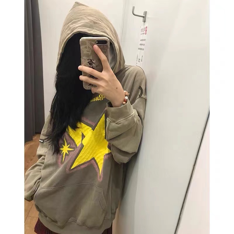 純棉 加絨 美式復古設計五角星印花雙層連帽百搭衛衣