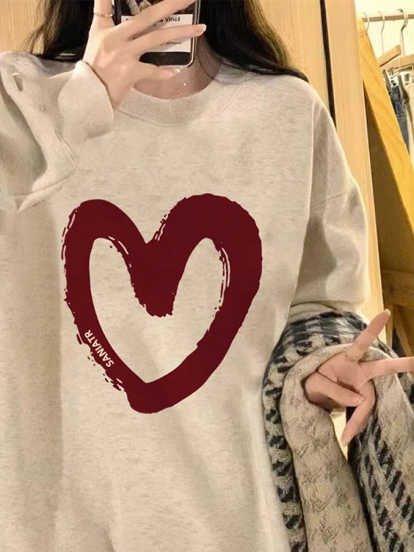 美式復古灰色愛心衛衣女薄款春秋套頭原宿慵懶風無帽純棉長袖上衣