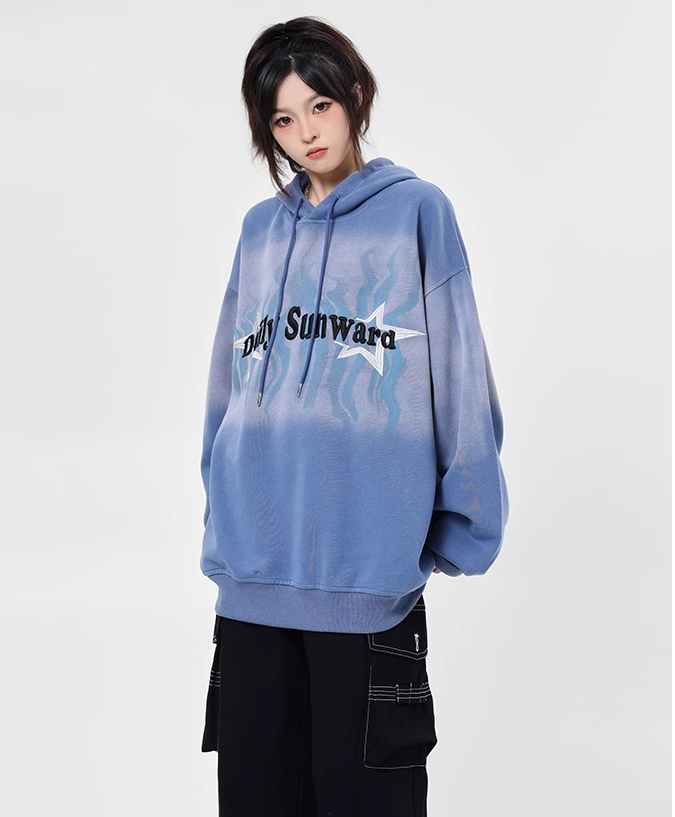 American retro oversize embroidered tie-dye gradient blue sweatshirt women's hooded 2023 new lazy style top