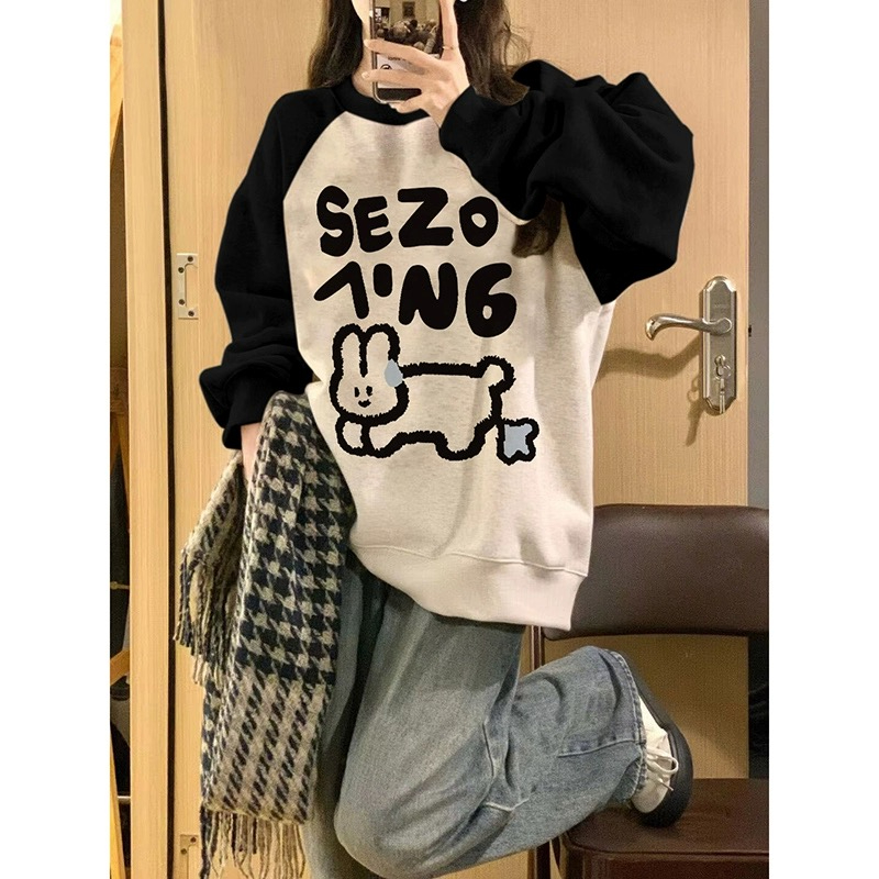 美式復古慵懶風chic插肩袖衛衣女秋2023新款小個子寬鬆圓領上衣潮