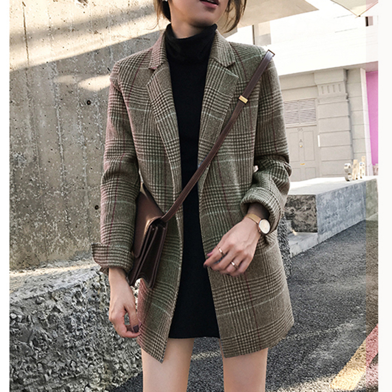 新款格紋西服chic復古寬鬆中長款羊毛呢格子小西裝外套女