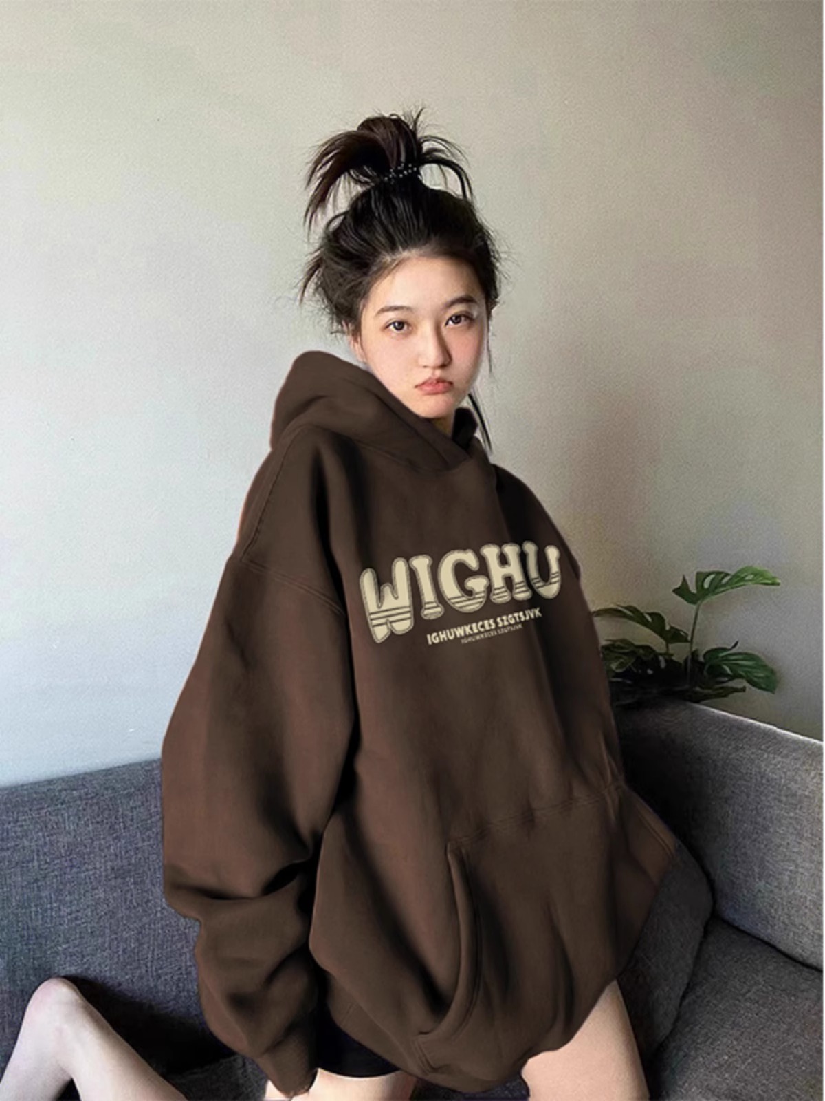 CVC cotton pasta wool Chinese cotton composite/milk silk 300g silver fox velvet 400g front printed hooded sweatshirt for women