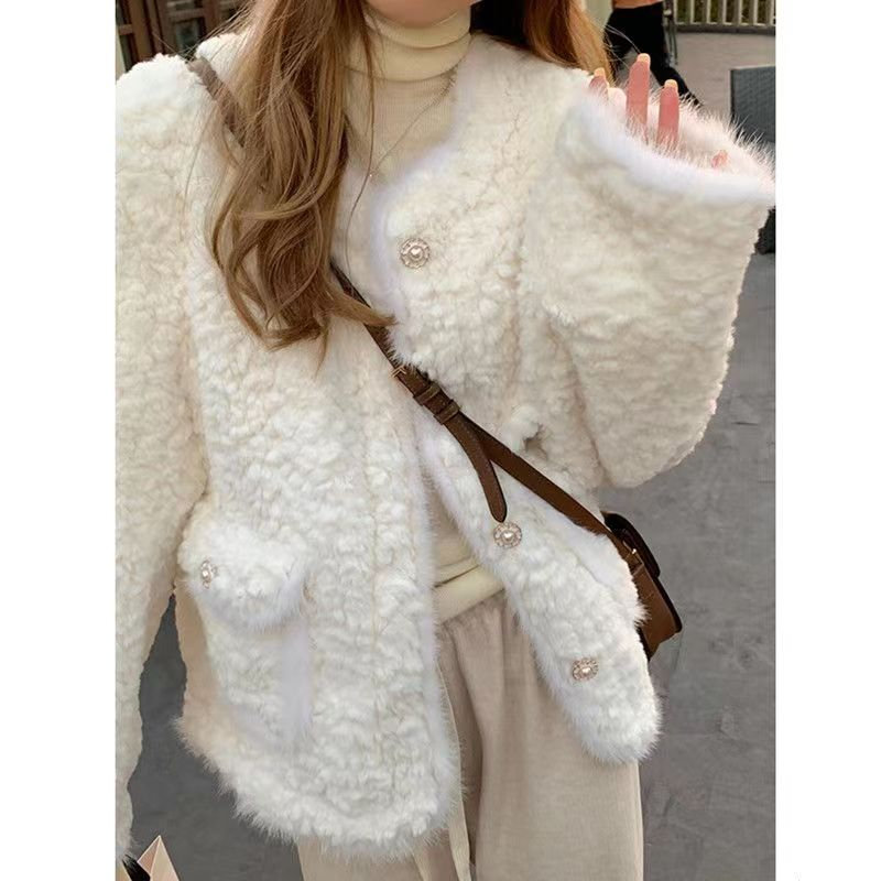 Imitation rabbit fur small fragrant style short coat for women in autumn and winter 2023 new loose slimming thickened warm plush top