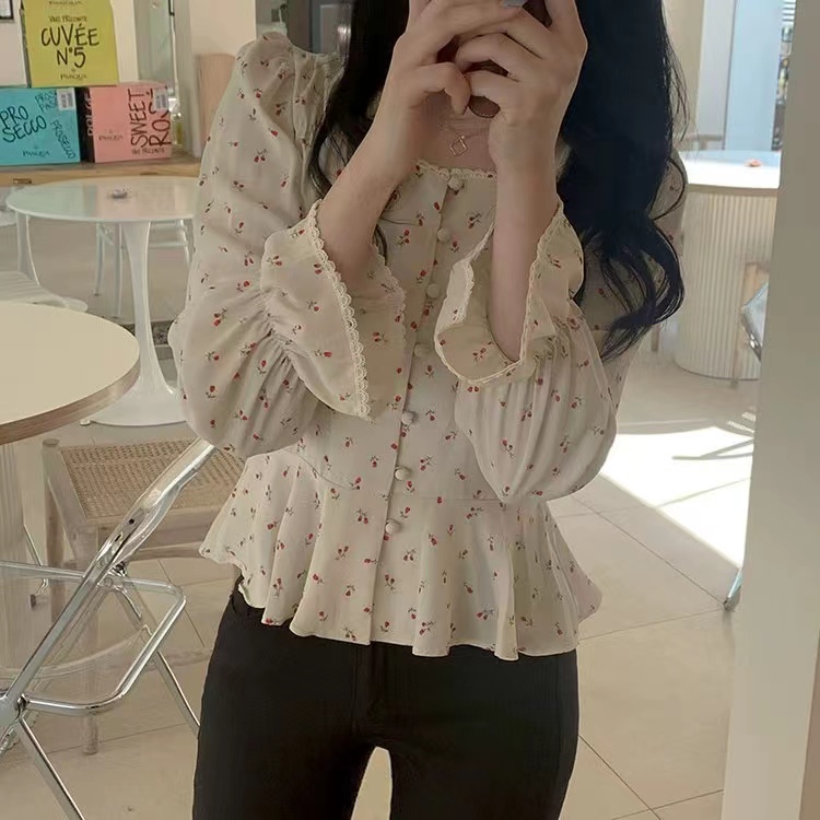 鬼馬少女韓國chic減齡浪漫季溫柔小碎花方領顯瘦短款襯