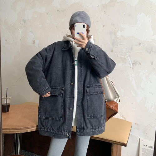 Real shot~Fleece thickened denim jacket for women in autumn and winter loose Harajuku bf style retro denim jacket trendy