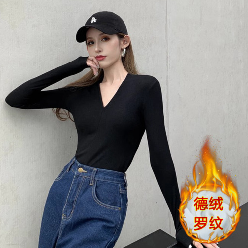 Autumn and winter T-shirt tight-fitting elastic inner layered with velvet thickening bottoming shirt V-neck long-sleeved high-waisted top for women